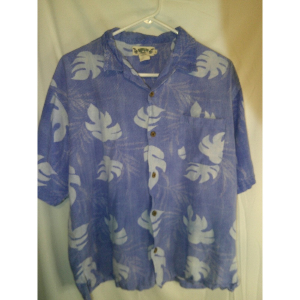 Vintage Hawaiian Tropic Mens Hawaiian Shirt Leaf Print Button Up Casual Blue L‎